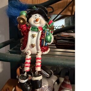 Adorable Sitting Snowman Christmas Holiday Figurine with Bell & Candy Cane Legs
